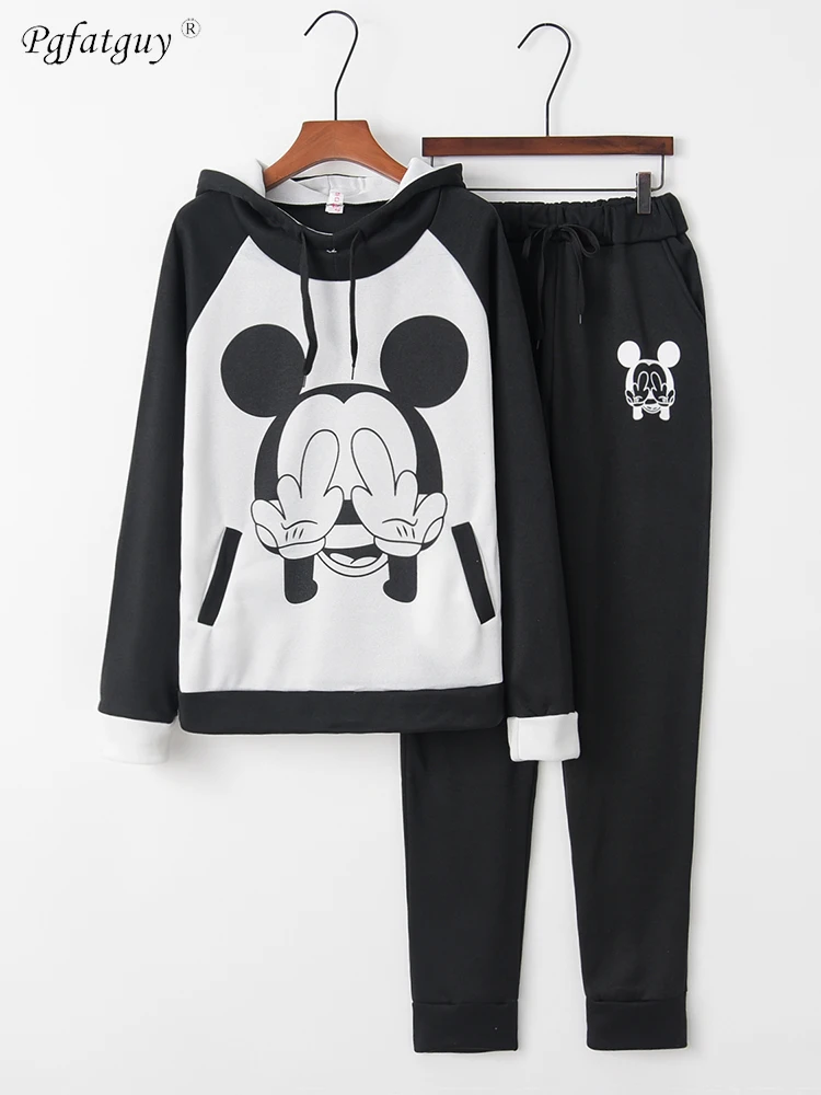 

Mickey Printed Tracksuit 2019 New Autumn Winter Women's Black Loose Suit Hooded Sweatshirt + Elastic Waist Long Pant 2 Piece Set