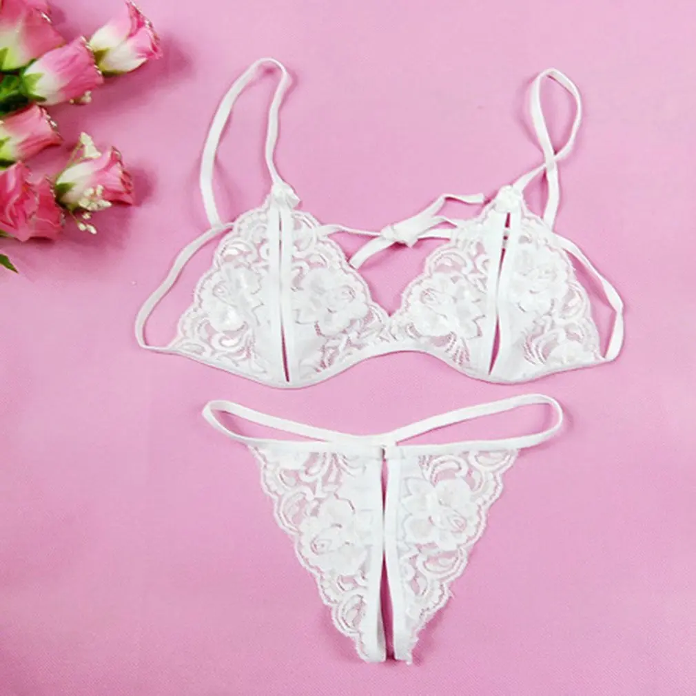 

Lace Transparent Uniform Lace Ruffles Cupless Three-point Open Crotch Underwear Night Sexy Bra Panty with Garter Lingerie Set