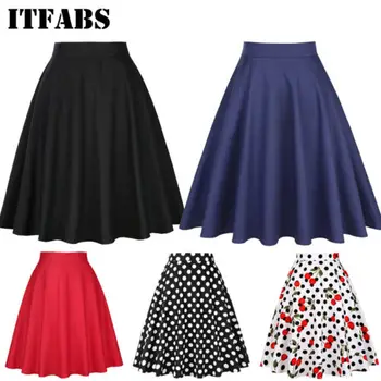 

Women Summer High Waist A-line Skirt Casual Sundress Solid Wave Dot Cherry Pleated Sweet Skiirts Plus Size XXL 2019