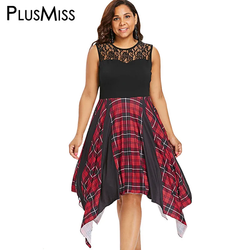 

PlusMiss Plus Size Lace Plaid Asymmetrical Tank Dress Big Size 5XL Women Sleeveless Casual Midi Dresses Ladies XXXXL XXXL XXL