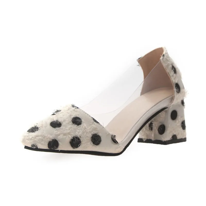 

2019 Fashion New High Heels Summer Pointed Toe Casual Pumps Transparent Dots Shallow Square Heel Elegant Women Shoes XWD7656