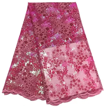 

Hot Sale french lace 5yards/lot cheap african sequins lace fabric pink high quality african tulle lace fabric