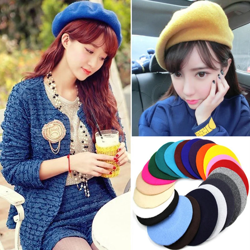

Hot Sell 2018 Cheap Fashion New Women Wool Solid Color Beret Female Bonnet Caps Winter All Matched Warm Walking Hat Cap 14 Color