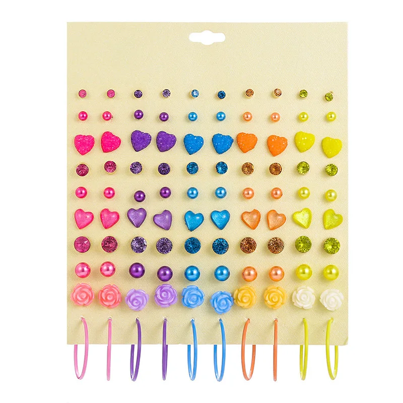 50 пар/лот, полимерные цветы, сердце, серьги с жемчугом, набор для женщин, карамельный цвет, стразы, серьги-гвоздики, обручи, вечерние ювелирные изделия