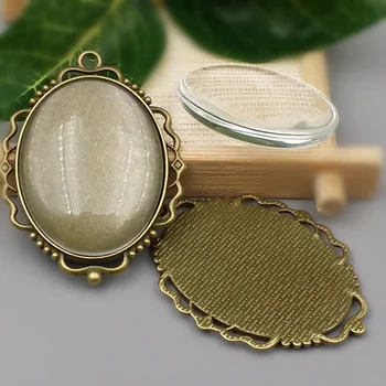 

5 sets/lot 30X40mm Antique Alloy filigree Cameo Oval base Setting Pendant +Clear Glass Cabochons DIY Jewelry Accessories A1030