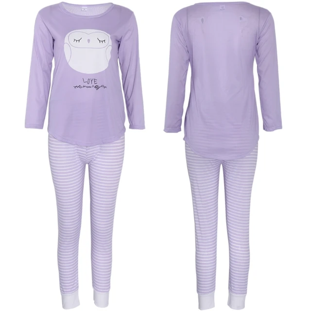 Women Long Sleeve Cartoon Owl Print Tops And Stripe Pants Pajamas Set Sleepwear