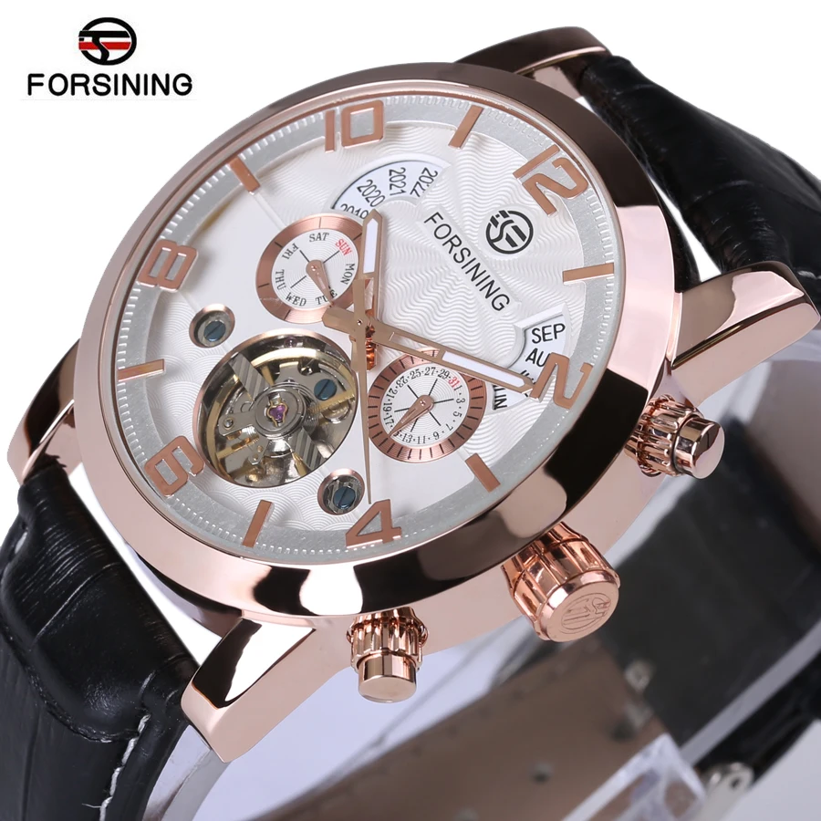 

FORSINING Top Brand Luxury Automatic Watch Golden Case Calendar Male Clock Black Mechanical Watch Tourbillon Wrap Mens Watches