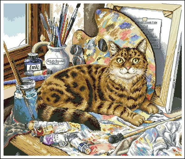 CS-1568 Cross Stitch Kit Cat Kitty Feline Painter Artist Drawer dim.jpg