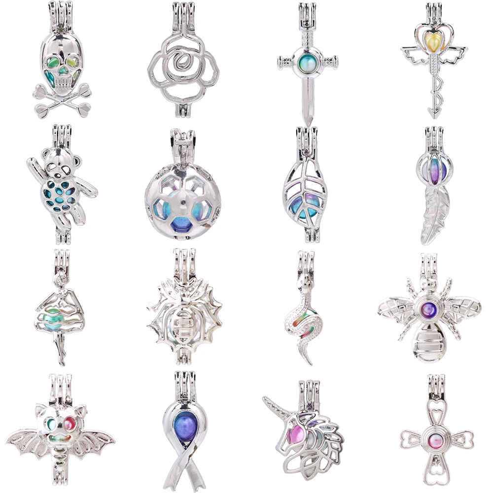 

1pc Skull Head Bear Rose Flower Tree Leaf Cross Bee Pearl Cage Pendant Bead Cage Essential Oil Diffuser Lockets Jewelry Making