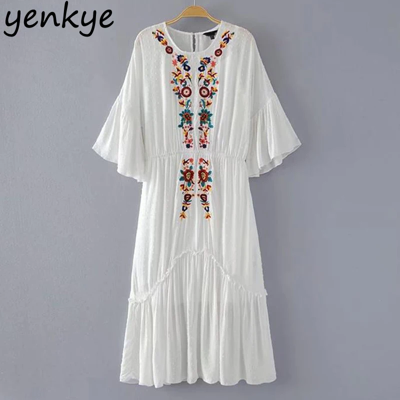 

Vintage Women Tulle Floral Embroidery Dress 2 Pieces O Neck Flare Sleeve Elastic Waist Pleated Party Casual Dresses TL7997