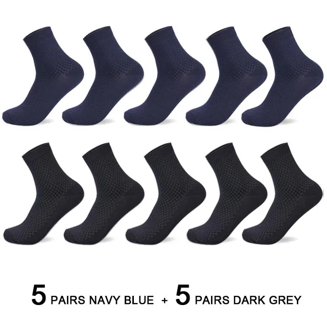 10 Pairs/Lot Men's Bamboo Fiber Socks 2022 New Compression Autumn Long Black Business Casual Man Dress Sock Gift Plus Size 42-45 5navyblue 5darkgray