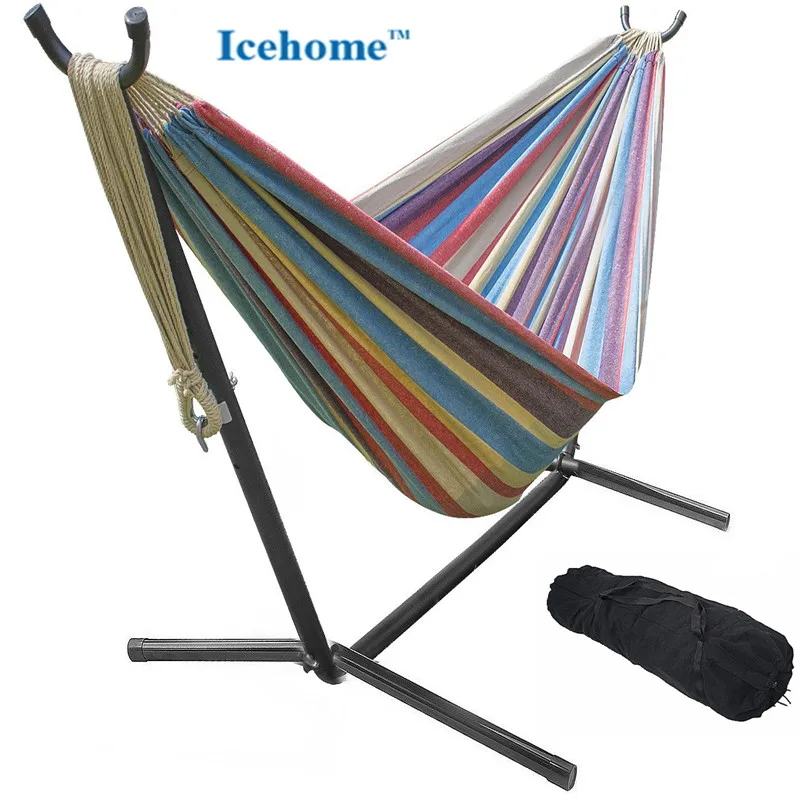 

Icehome Single & Double Cotton Hammocks With Space Saving Steel Stand and Storage Carrying Case Included -Outdoor Garden Camping