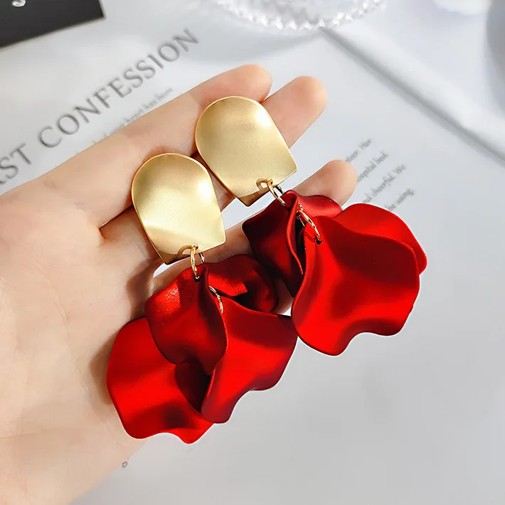 

New Arrival Statement Red Petal Flower Big Earrings For Women Vintage Jewelry Matte Gold Exaggerated Dangle Pendientes Brincos