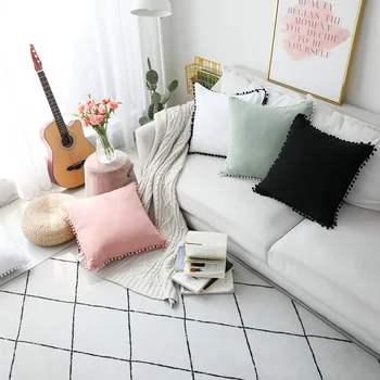 

Solid Pompom Cushion Case Pillowcase White/Pink/Green/Black 100% Cotton Decorative Bedroom Pillow Case For Sofa Pillow 45x45cm