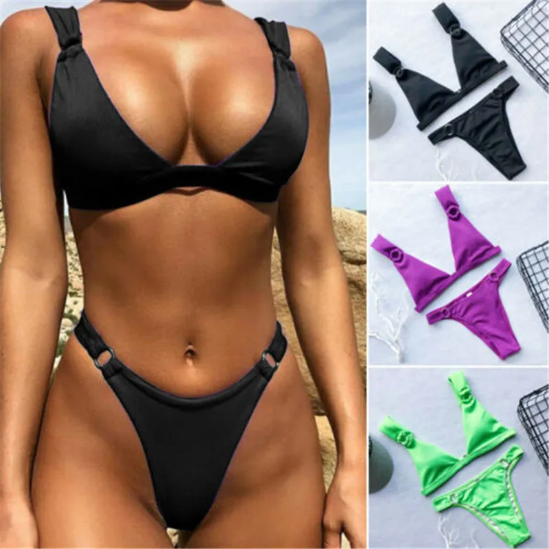 

Solid Bikini Set Push Up Padded Two Pieces Swimwear Women Swimsuit Low Waist Black Green Purple Bathing Suit Women Beach Wear