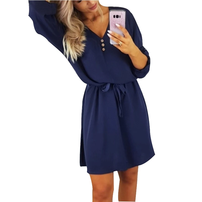 Мини-платье на шнуровке с коротким рукавом, летнее женское модное летнее платье, весеннее повседневное женское однотонное платье с v-образным вырезом и поясом M0468 - Цвет: Navy Blue