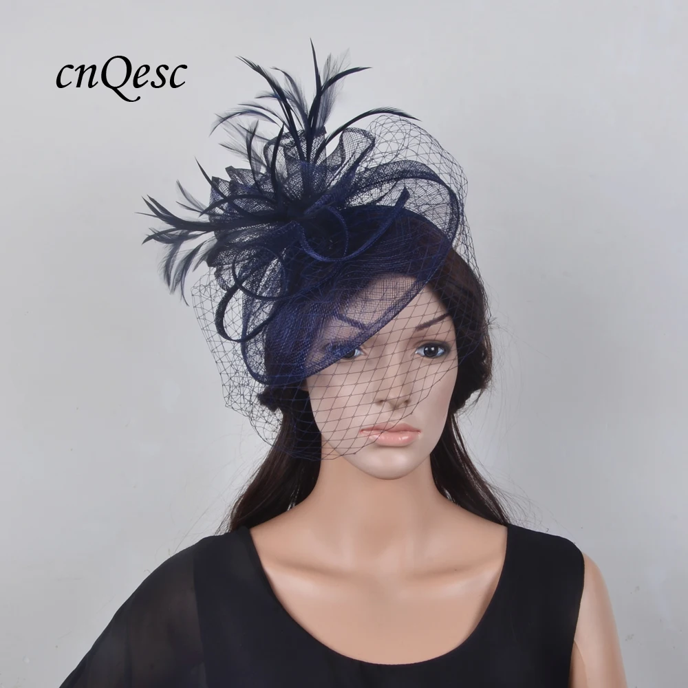 Wholesale New Dark Navy Blue Veil Fascinator Royal Wedding Hat With