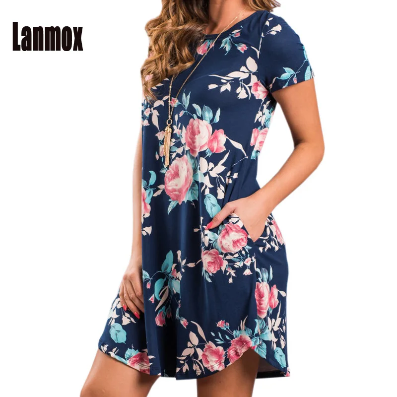 

Lanmox Floral Print Dress Women Summer Dresses Short Sleeve Casual Beach Vestidos Female Robe Pockets Flowers Woman Sundress