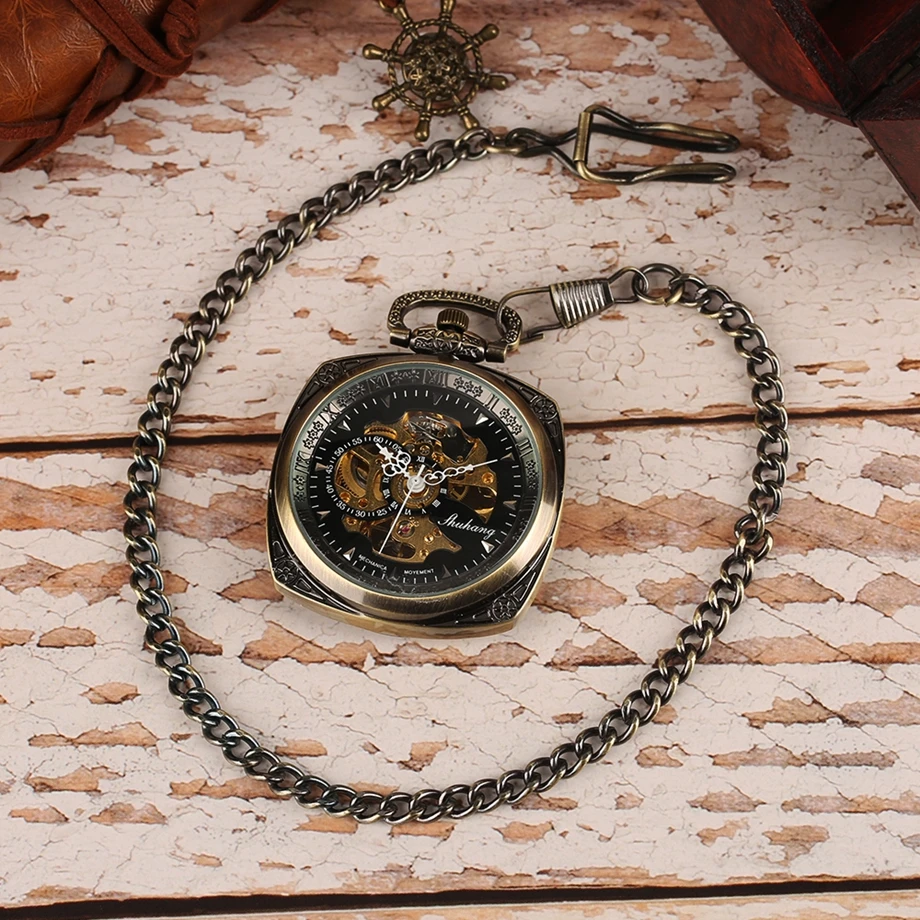 Новая мода Ретро Бронзовый квадратный Форма Золотой Механическая Рука обмотки карманные часы Calabash поверхность уникальный Fob часы подарок
