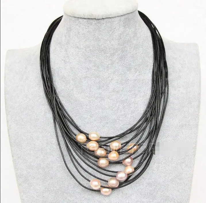 

Free shipping hot sale Women Bridal Wedding Jewelry >>Genuine! 15Strands pink pearls black leather necklace magnet e2301