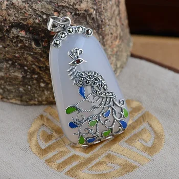 

S925 silver inlaid natural pendant cord Marcasite peacock other new adopters