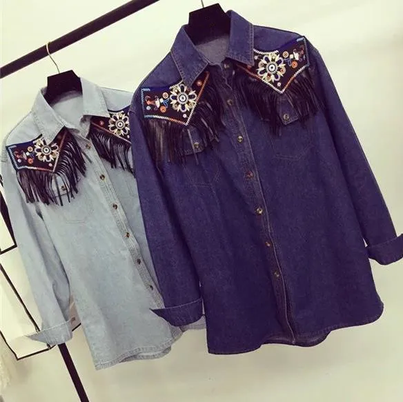 

Retro embroidered long-sleeved blouse women tassel denim shirt female camisas mujer