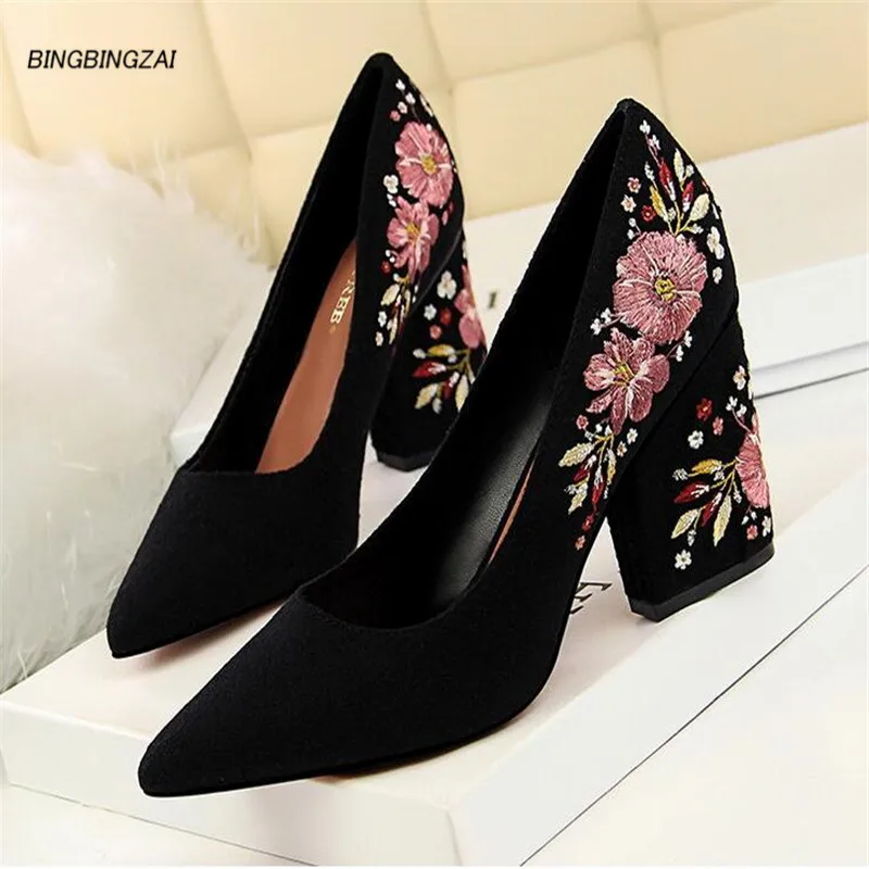 

BBZAI shoes woman10CM Pointed Toe Coarse heel Embroidery Pumps Four season Comfort Flock Fashion Show Elegant Comfortable