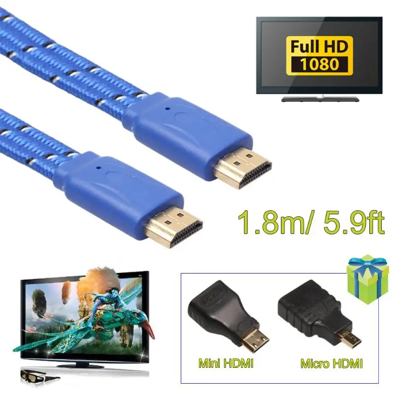 1.8m 5.9ft 1080P 3D HDMI V1.4 Male to Male Flat Cable Gold-plated Plug HDMI to HMDI Video Cable w/Audio Return Channel for PS3