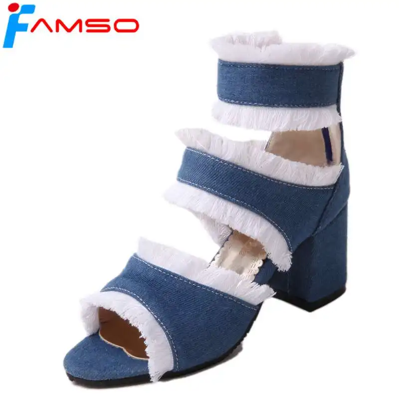 

FAMSO 2018 New Women Sandals Blue Summer Lady Denim Shoes Peep toe Platforms Pumps Cross-Strap Female Party Gladiator Sandals