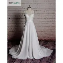Слоновой кости шифон аппликации A-Line длиной до пола свадебное платье Часовня Поезд v-образным вырезом без рукавов на заказ