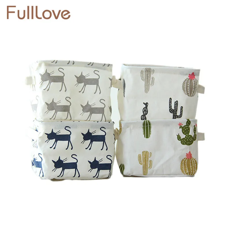 

FullLove 2017 Canvas Storage Basket & Box Cartoon Cat Folding Blue Besktop Cosmetics Stationery Clothes Organizer Home Storage
