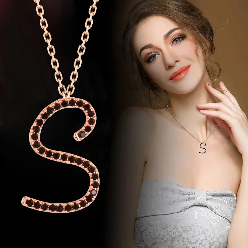 

SINLEERY Trendy Micro Paved Black Crystal Alphabet Initial Name First Letter Pendant Necklace Women Custom Jewelry XL155 SSA
