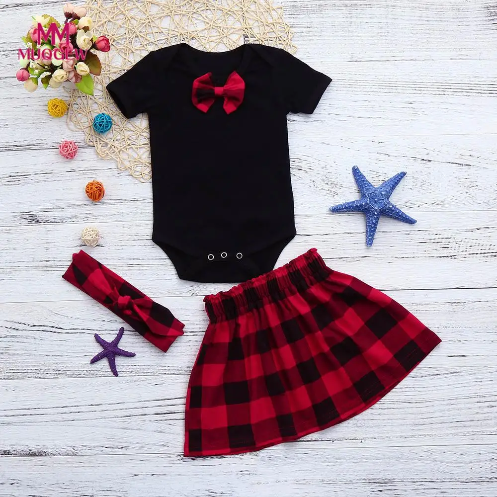 

MUQGEW Newborn children's clothing Plaid Romper Tops+Skirt Headband Outfits Plaid Clothes Set Popular season baby clothes sets