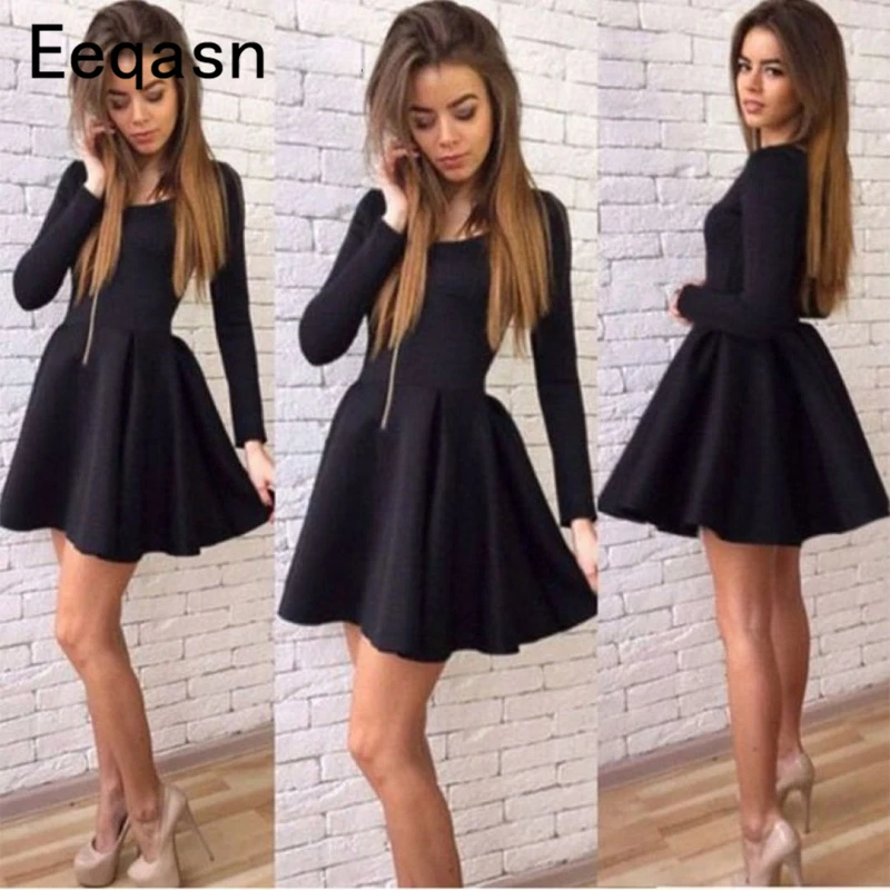 

Cute A Line Black Graduation Prom Dresses Party Dress 2019 Short Soft Satin Long Sleeves Homecoming Dresses vestido de formatura