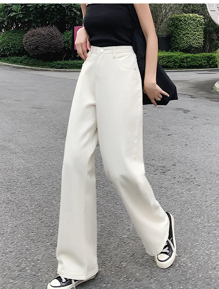 Women Denim Jeans Wide-leg Pants Straight Loose Zipper Casual High Waist Long Jeans White Blue Autumn Female Jeans S-XL