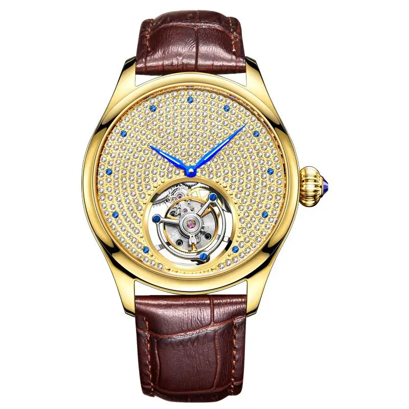 

Switzerland Real Tourbillon Watch fashion automatic mechanical watch men's watch leather wrist diamond bright starlight gold