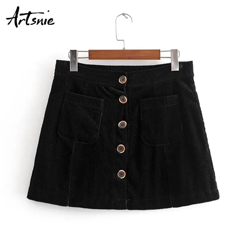 Artsnie Army Green Winter Corduroy High Waist Mini Skirt Women Button Double Pockets Casual Autumn Short A Line Skirt Femme - Цвет: Black