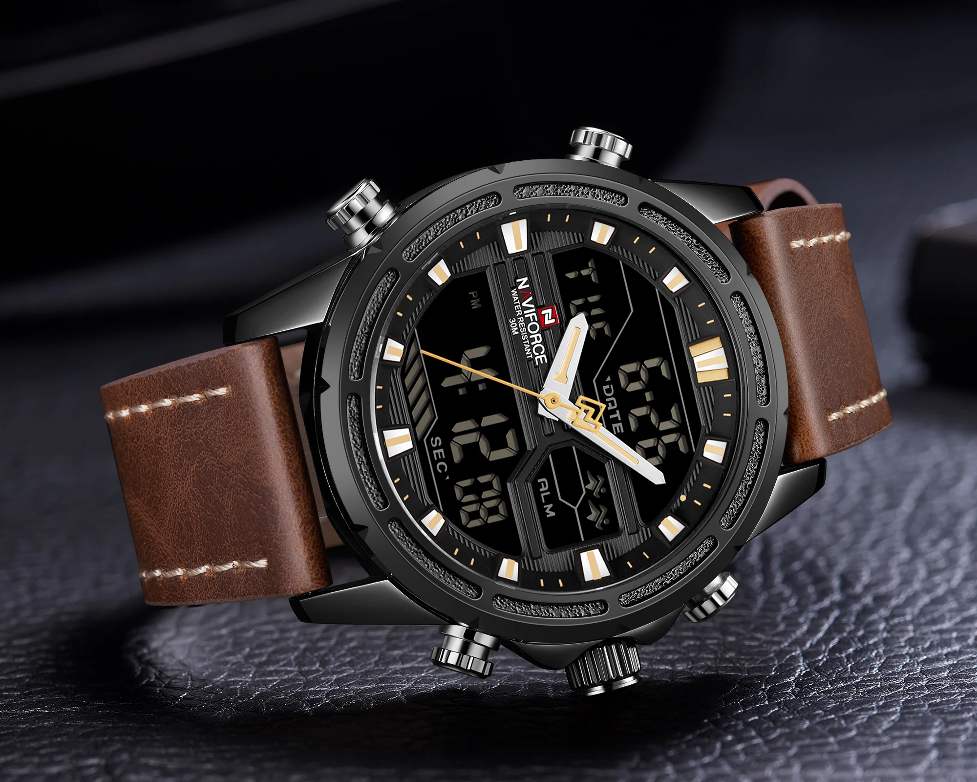 

NAVIFORCE Military Mens Watches Top Brand Luxury Dual Time Quartz Sports Watch Leather Strap Waterproof LED Digital Male Clock