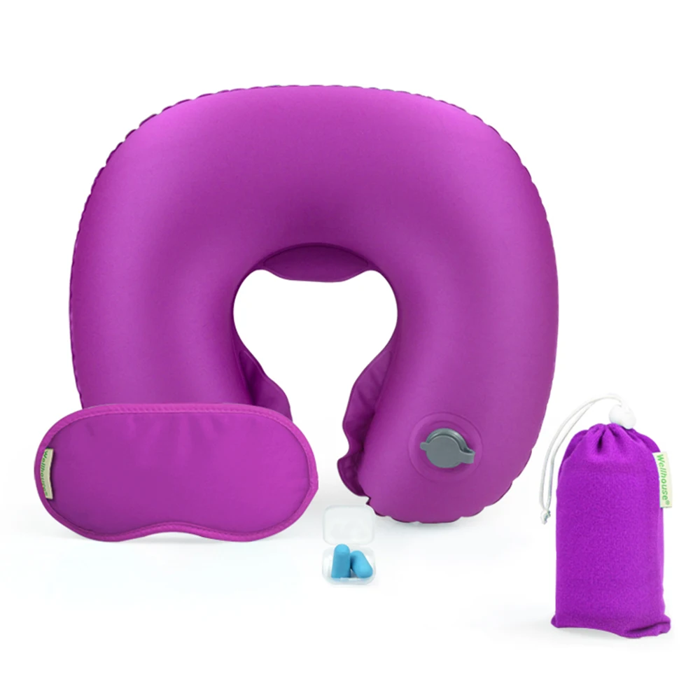 

Inflatable Neck Pillow Airplane Travel Kit Outdoor Travelling Pillows for Hiking Trekking with Sleep Mask Ear Plug Carry Bag