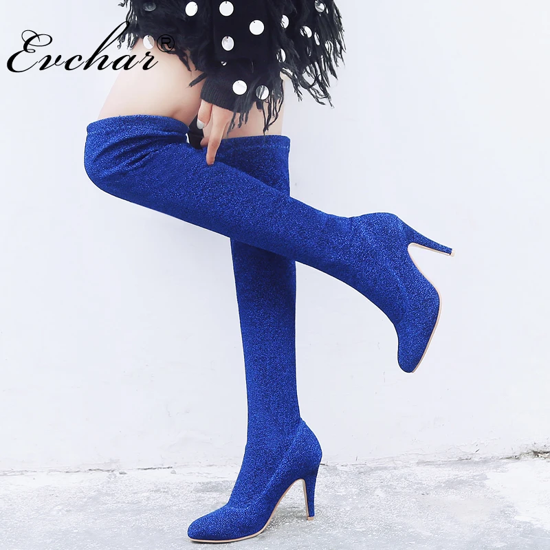 

EVCHAR Sexy bling Luxury Sequin Cloth super High Heels Elastic Shoe Glitter Stiletto Over the Knee Fashion Boot Women 32-48