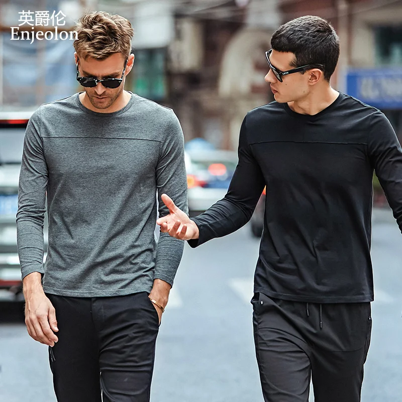 

Enjeolon top brand casual t shirts man long sleeve cotton solid base Clothing Tops Tee Plus size S 3XL free shipping RST7003-1