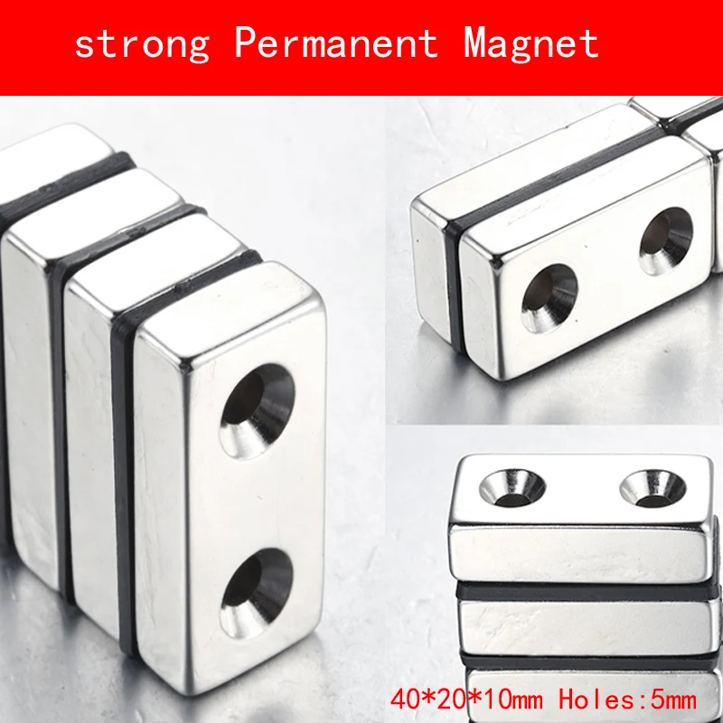 

1PCS 40*20*10MM two holes 5MM n35 strong Permanent Neodymium block Rare Earth Magnet 40X20X10MM