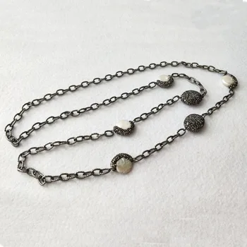 

3 Strands Freshwater Pearl Crystal rhinestone pave Necklace, Metal chain Necklaces, Jewelry Long Sweater Chain Necklace NK354