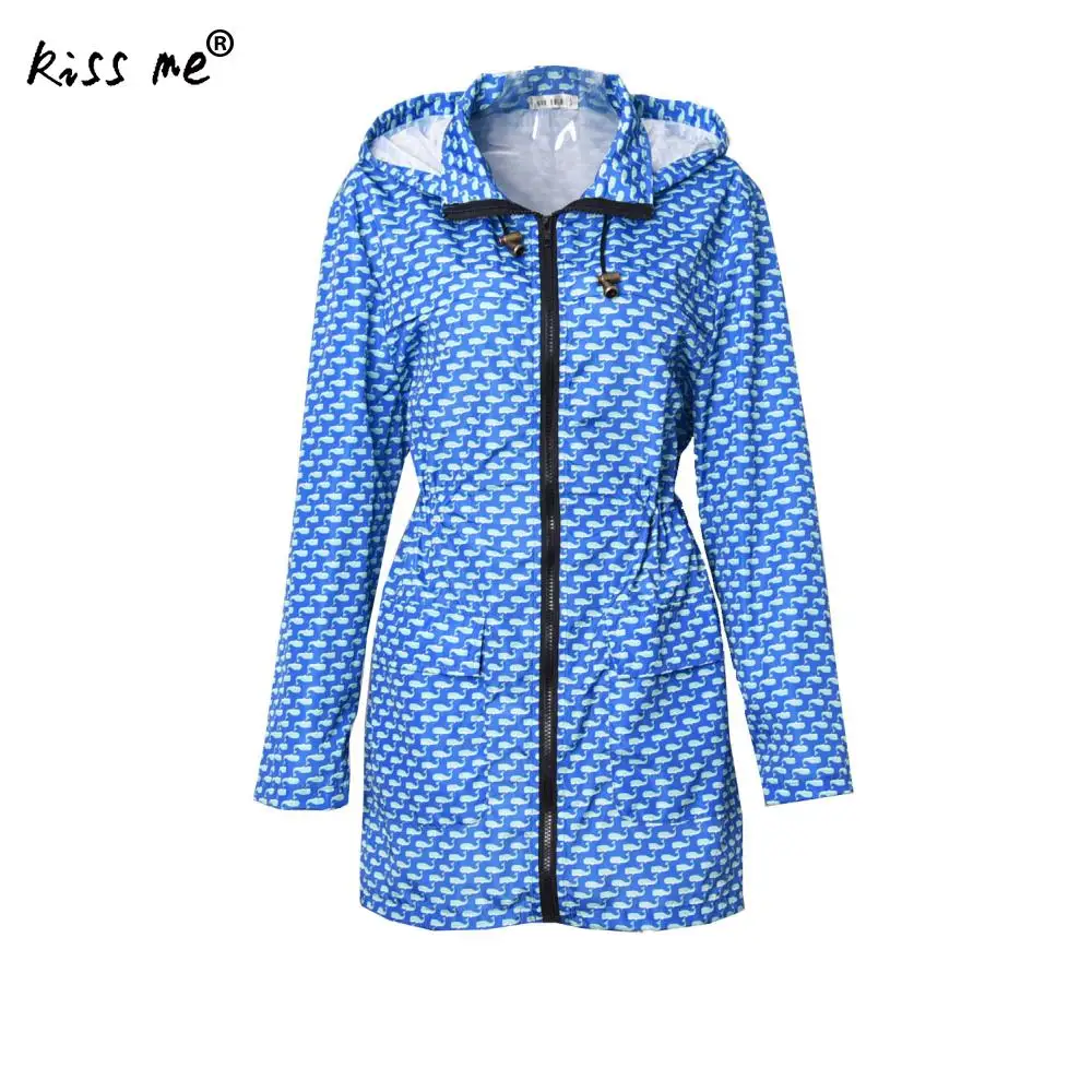 Хлопковый тонкий ветрозащитный женский плащ, мультяшный стиль, шнурок на талии, с капюшоном, походная куртка, средней длины, для кемпинга, водонепроницаемое пальто - Цвет: blue