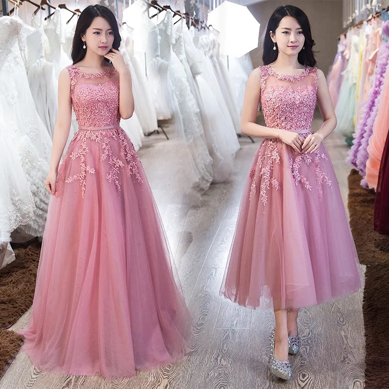 Pink Appliques Lace Tulle Long Evening Dresses 2017 Hot Formal