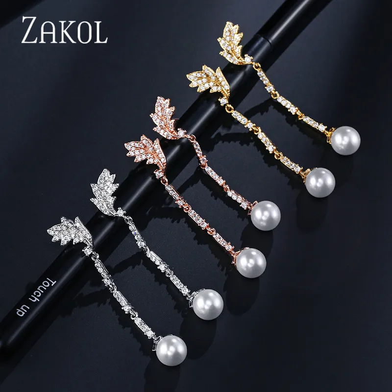 ZAKOL новинка модные блестящие длинные висячие серьги в виде листьев из