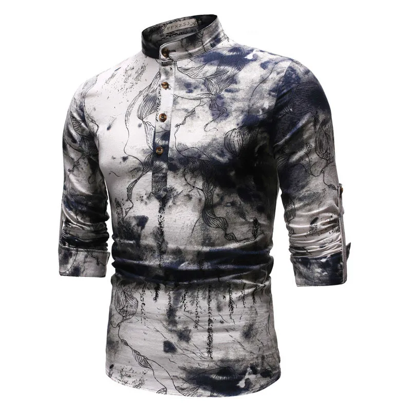 

high quality men's ethnic style spring and autumn printed long sleeve casual linen shirt with stand-up collar shirt Europeansize