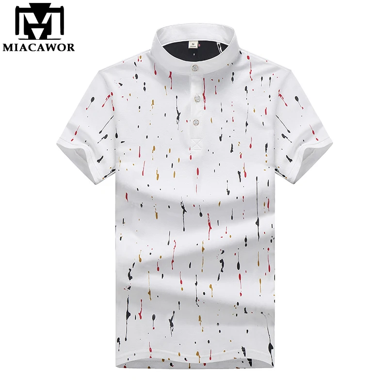

MIACAWOR 2019 New Summer Men Polo shirts Cotton Stand Collar Print Short-sleeve Homme Casual Men Camisa MT601