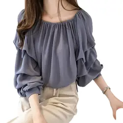 Женская рубашка с буфами на рукавах с открытыми плечами однотонная блузка Рубашки с v-образным вырезом Повседневные Топы Блузка Chemisier Femme