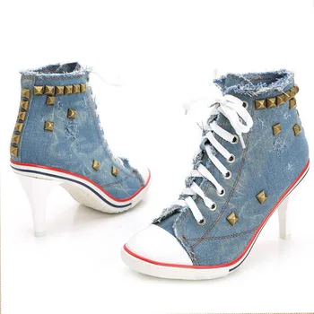 

Dropshipping Women Canvas Shoes Denim High Heels Rivets Shoes Fashion Shoe Laces Sneakers Women Short Boots